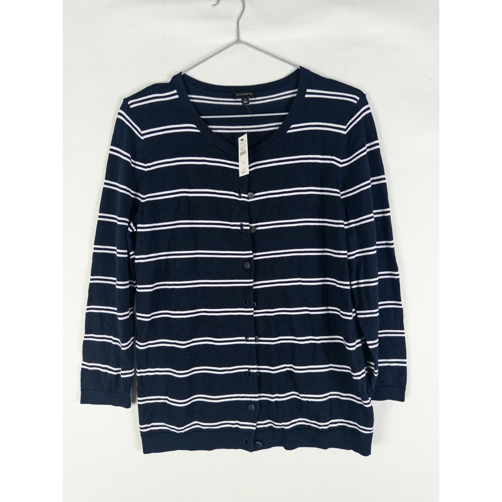Talbots Striped Button Cardigan Sweater Womens S Navy Blue White Nautical Preppy